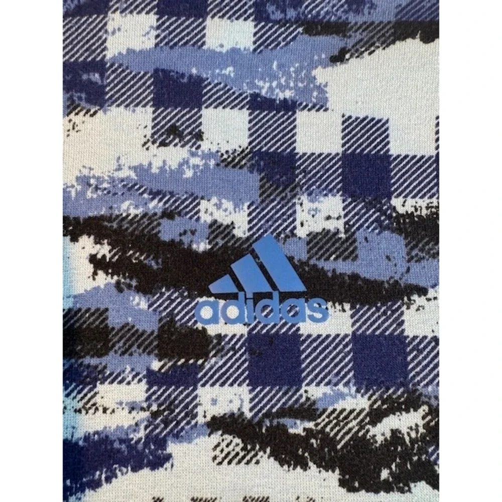 Adidas Hoodie Mens Medium Blue‎ Black Buffalo Plaid Camo Fleece Pullover Graphic